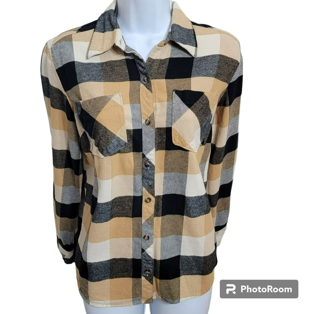 Natural Reflections Shirt, Women S, Yellow, Blue, Cream & Gray Plaid Flannel EUC